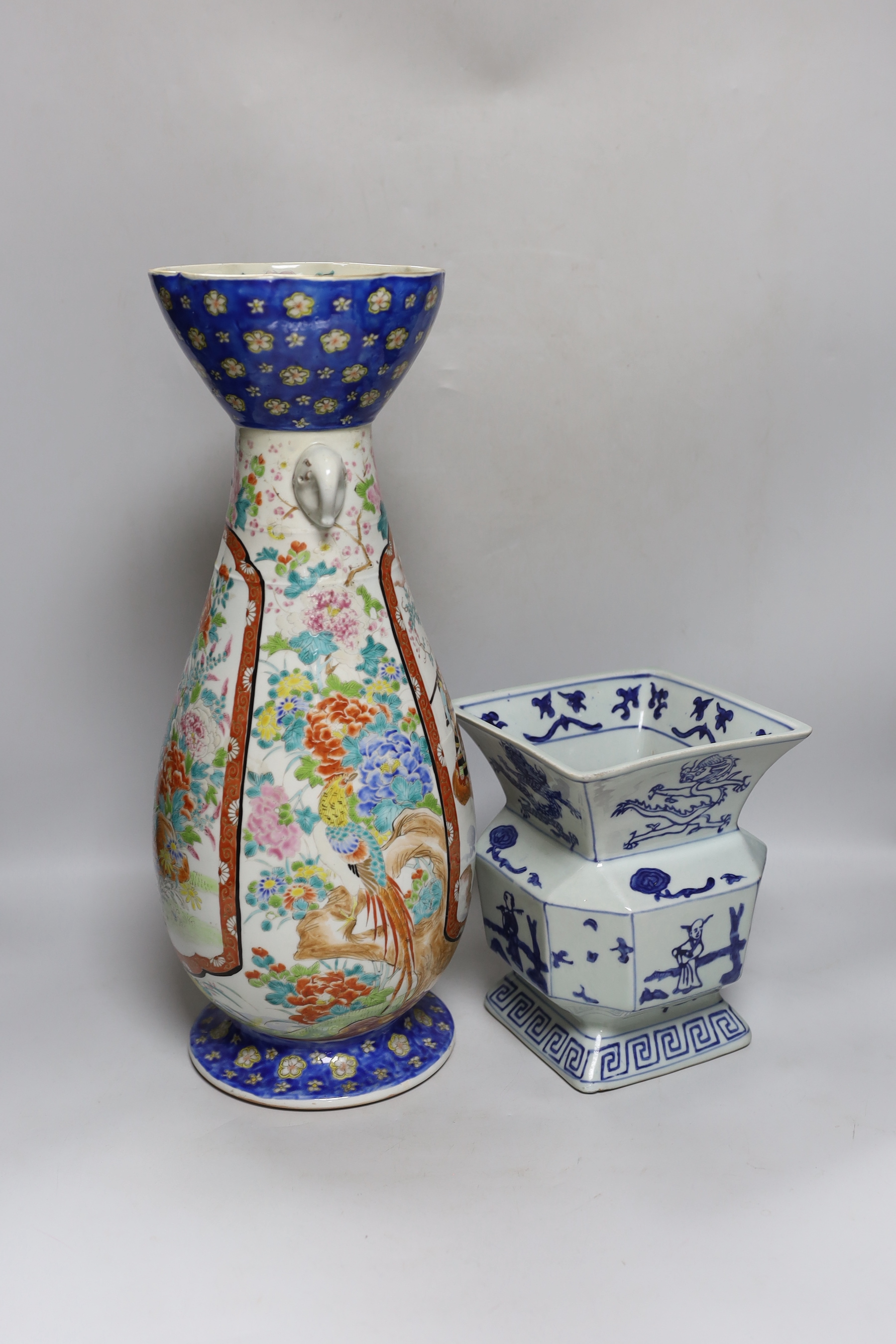 A large Japanese porcelain vase and a Chinese blue and white vase, Japanese vase 46cm high